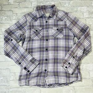 O'neill Women XL Soft Flannel Button Up Shirt Purple and Gray Plaid Roll Sleeve